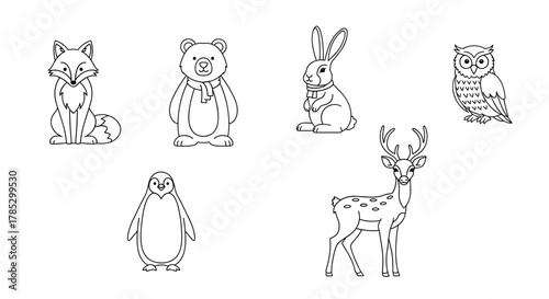 Illustration of fox bear rabbit owl penguin and deer line art