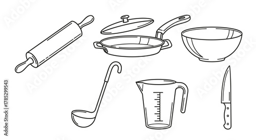 Illustration of various kitchen utensils including bowl and knife