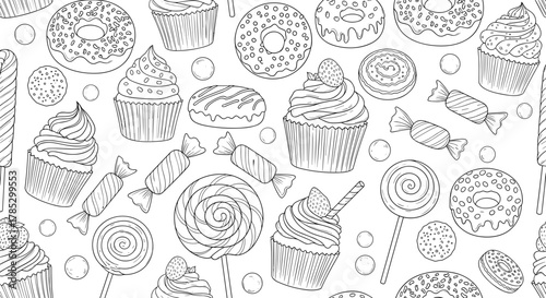 A seamless pattern of hand drawn sweets including donuts cupcakes