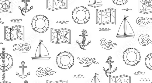 Seamless pattern with nautical elements in black and white outline