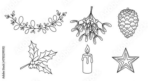 Line art of festive christmas elements including greenery and star