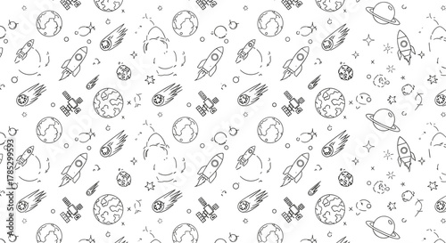 Seamless pattern of space elements including planets and rockets
