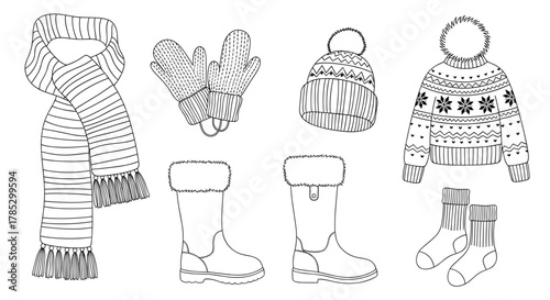 Illustration of winter clothing items including scarf and boots