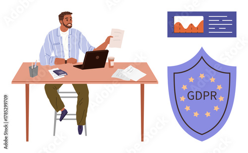 Man reviews papers at desk with laptop, GDPR shield, data chart. Ideal for privacy, technology, law, data protection, compliance business policies office work. Modern simple flat metaphor