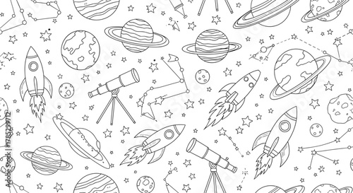Seamless pattern with hand drawn space elements in black and white
