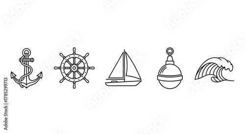 Illustration of nautical themed objects in black and white outline
