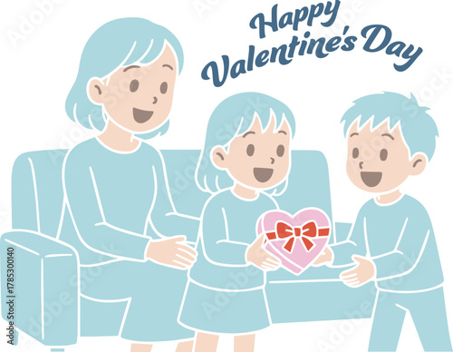 バレンタインのプレゼントを渡す家族、ママと子供たち、線なし
Family giving Valentine's Day presents, mom and kids, no lines
