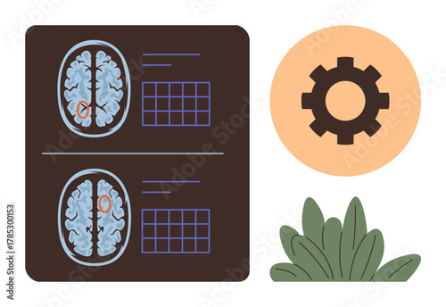 Brain scans with marked regions, chart grids for analysis, gear symbol for technology, and green plants. Ideal for neuroscience, health, diagnostics, innovation, balance research simple flat