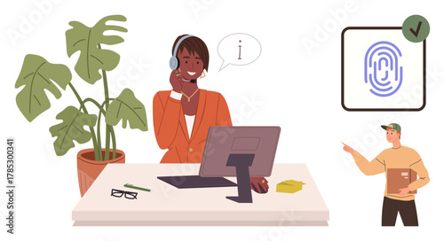 Customer support agent at desk with headset and computer, assisting a courier managing a delivery. Includes a verified fingerprint scan and tropical plant. Ideal for support, logistics, teamwork