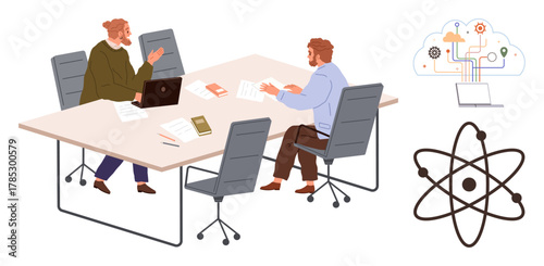 Two people exchanging ideas around office table with laptop, papers, and diagrams, illustrating collaboration, technology, science, data, cloud computing education and research. Ideal for teamwork