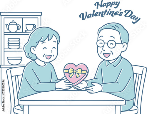 バレンタインのプレゼントを渡すシニアカップル
Senior couple giving a Valentine's Day gift