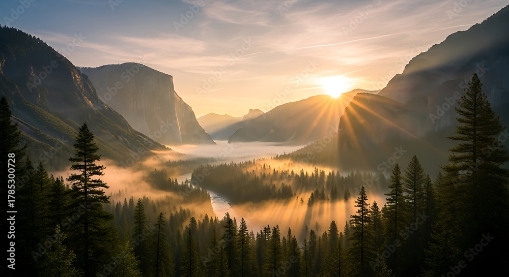Obraz premium Majestic Yosemite Valley at Sunrise with Sunbeams and Morning Mist national park california