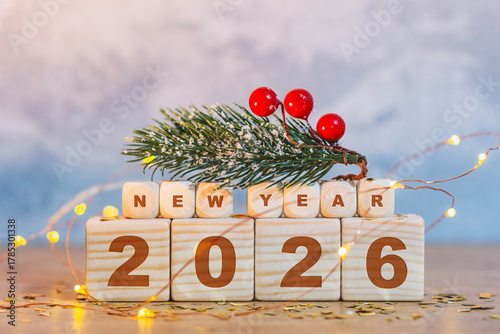 Minimal festive background for New Year 2026 with wooden cubes showing the year, pine branch with red berries and warm Christmas lights. Concept for holiday greeting cards.