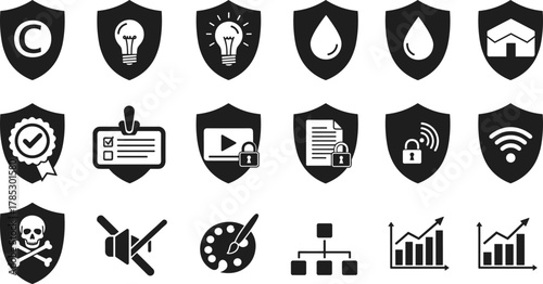 20 black shield icons representing copyright, ideas, water, home, verified badge, ID card, locked video, secure document, protected WiFi, piracy, muted audio, design