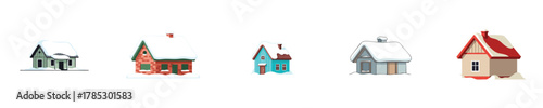 Collection Cozy Winter Houses Snow Covered Buildings Set Vector Flat Design Illustration