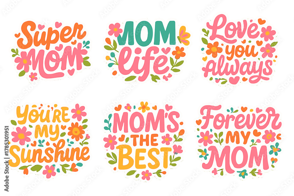 Obraz premium Motherhood quote flat icon set. featuring super mom, mom life, love you always, sunshine, mom's the best, forever my mom