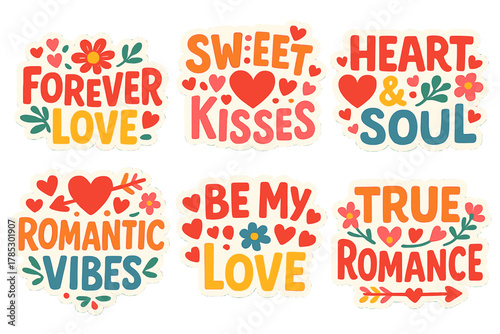 Romantic messages flat icons set. featuring forever love, sweet kisses, heart and soul, romantic vibes, be my love, true romance