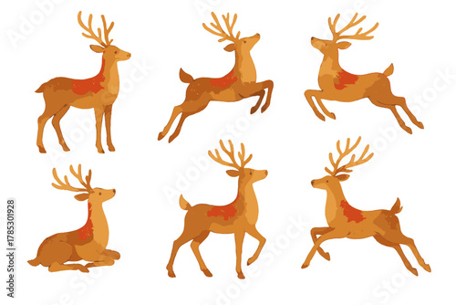 Nature wildlife flat icon set. featuring deer in various postures