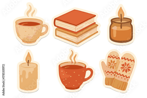 Cozy winter flat icons set. featuring book, candles, coffee cups, and mittens symbols