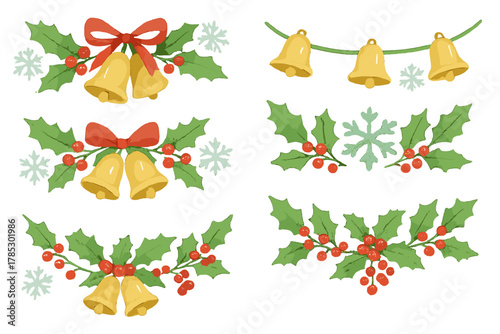 Christmas decorations flat icon set. featuring bells, holly, ribbons, and snowflakes