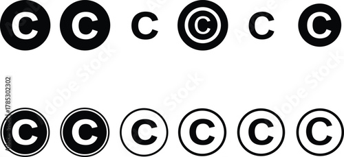 Copyright symbol variations, black and white logo set, circular C icons, filled and outlined styles, design exploration for intellectual property branding