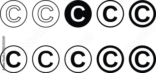 Copyright symbol variations, vector set of ten copyright icons, circle C designs, line weights and fills, legal branding, intellectual property marks