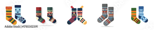 Knitted Christmas Socks Collection Nordic Pattern Decoration Vector Flat Design