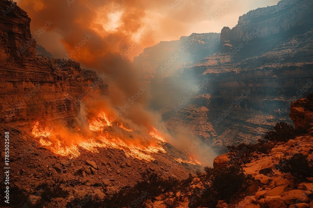 Fototapeta premium Fierce wildfire burning through a canyon landscape.