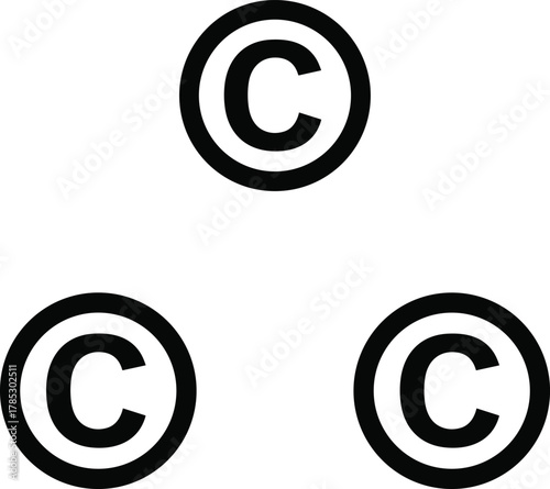 Copyright symbols arranged in triangular formation, three bold C icons in circles, vector illustration, intellectual property protection concept, legal icon set, flat design
