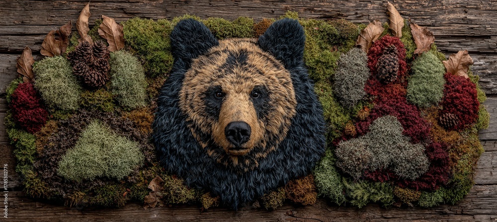 Obraz premium a carved bear head surrounded by various plants and flowers, arranged on a wooden surface