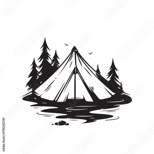 camping tent silhouette in forest vector illustration 