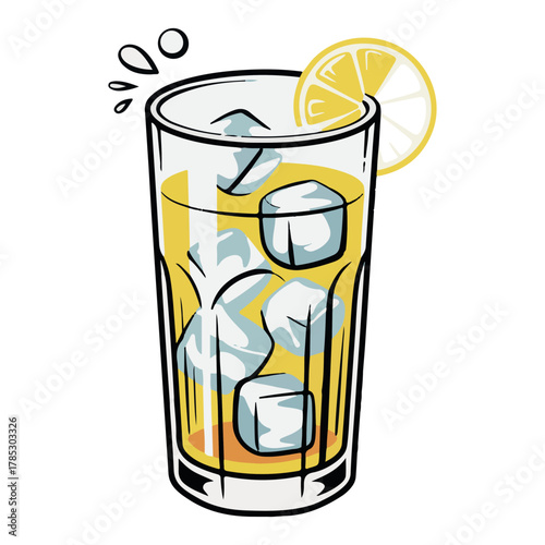 Tall glass of yellow liquid with ice cubes and black outline drink.