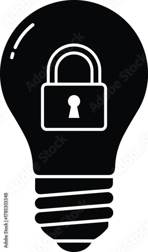 Locked idea light bulb, secure innovation icon, intellectual property protection, cybersecurity concept, privacy shield for ideas, guarded invention, patent safety symbol