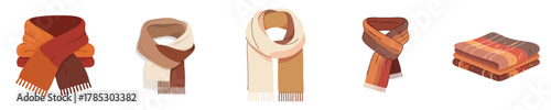 Neutral Cozy Scarf and Blanket Hygge Element Warm Colors Vector Flat Set