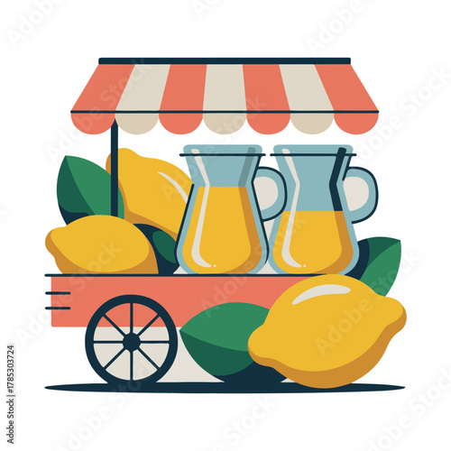Lemonade cart with lemons and pitchers of yellow drink stand beverage.