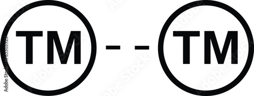Paired TM trademark symbols in circles, connecting dashes between marks, branding comparison concept, intellectual property icon set, legal trademark vector illustration design