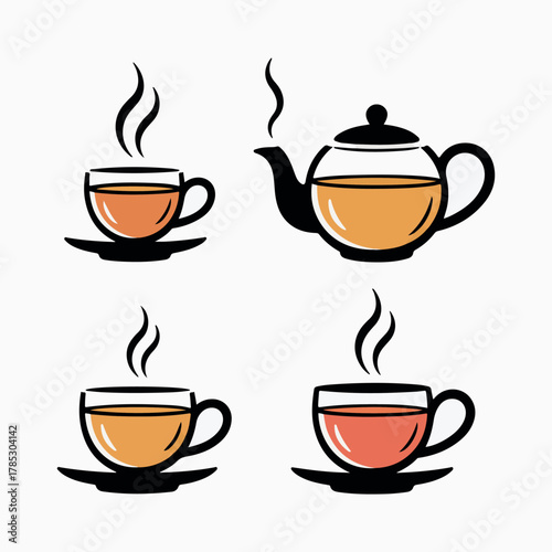 Four teapots and a cup with steam in flat design style drink.
