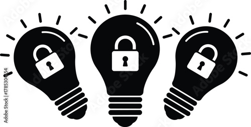 Secure ideas concept, padlock inside lightbulb, intellectual property protection for innovations, data privacy and invention security, protected creative idea symbol