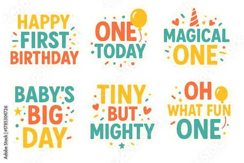 Birthday celebration flat icon set. featuring happy first birthday, one today, magical one, baby's big day, tiny but mighty, oh what fun one