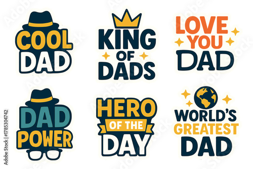 Father's day silhouette icon set. featuring cool dad, king of dads, love you dad, dad power, hero of the day, world's greatest dad