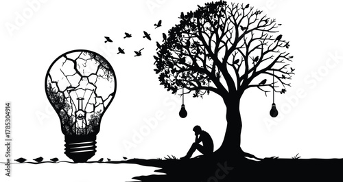 Symbolic illustration of cracked light bulb, tree of duality, introspective figure, nature and ideas fusion, growth, decay, creativity, contrast, reflection