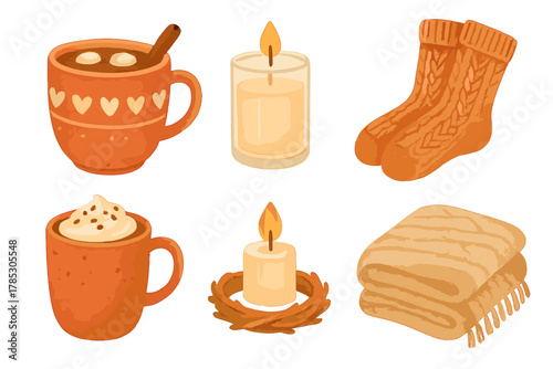 Cozy winter flat icon set. featuring cocoa, candle, socks, whipped cream, wreath, and blanket symbols