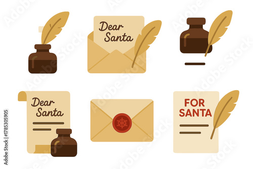 Christmas letter silhouette icon set. featuring ink pot, quill, dear santa, envelope, and wax seal