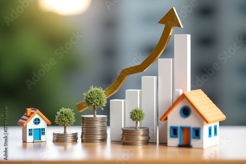Growing wealth through investment, symbolized by rising coins and green trees leading to a thriving house.