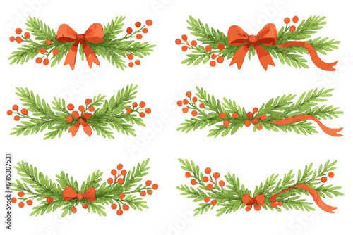 Christmas decor linear icon set. includes garland, ribbon, bow, berries, pine, and festive decorations