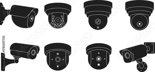 Black and white security camera vector set, dome and bullet surveillance icons, CCTV illustrations for system planning, mounting brackets and lens details