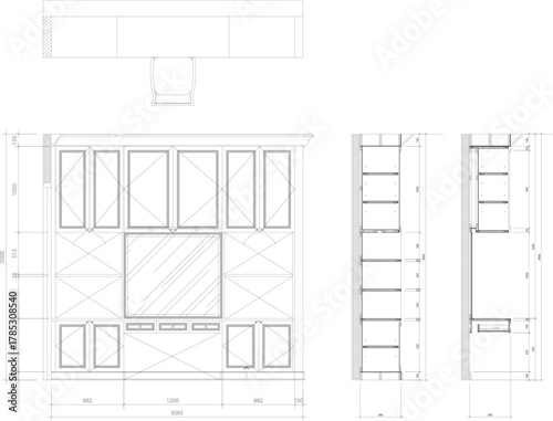 2D Interior Design Drawing of Built-in Showcase, Dressing Table, and Storage Cabinet with Floor Plan and Section for Construction