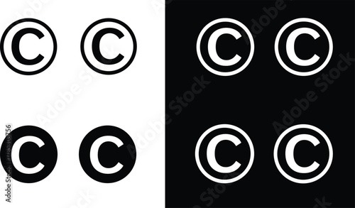 Copyright symbol variations, inverted contrast set, black and white grid, double circle designs, positive negative space, icon styling, vector copyright marks showcase