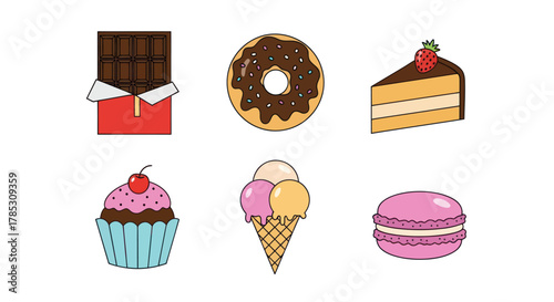Assortment of sweet desserts chocolate donut cake cupcake ice cream macaron