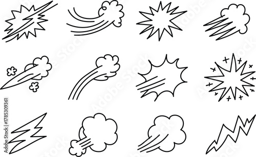 Collection of hand drawn comic book style action sound effect and motion lines illustrations in black and white sketch style on a white background